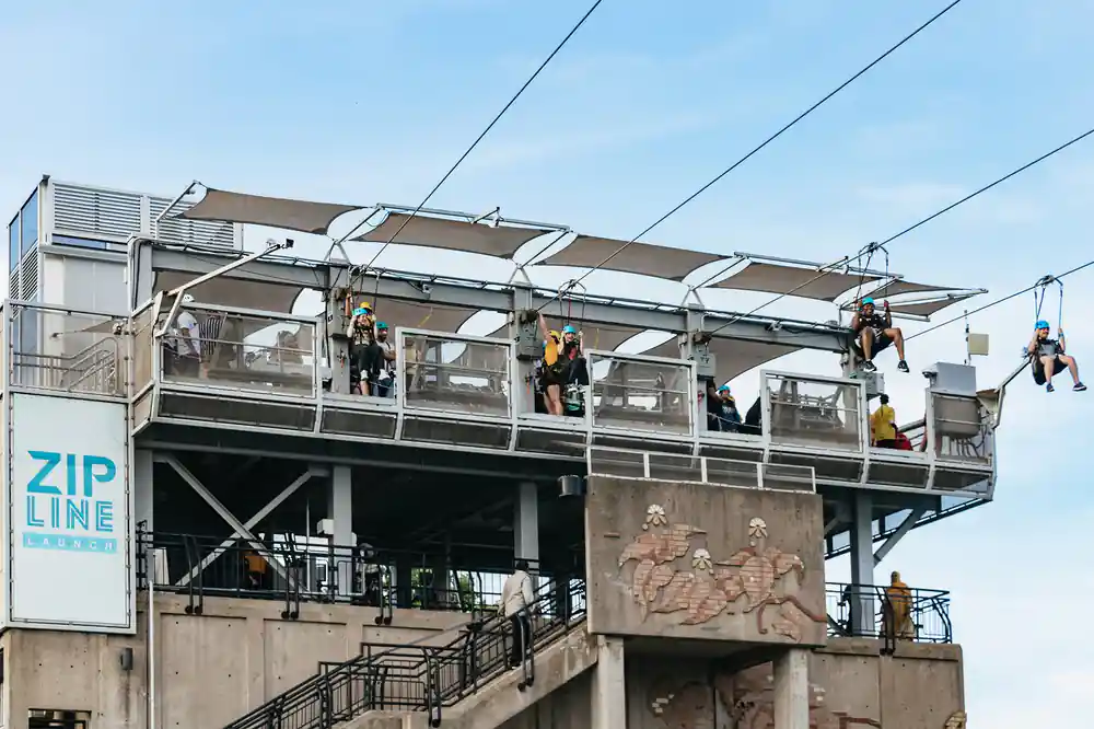 The steel launch gantry above the promenade