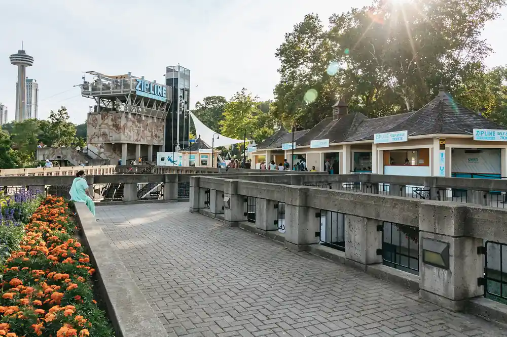 The walkway and the buildings at the base
